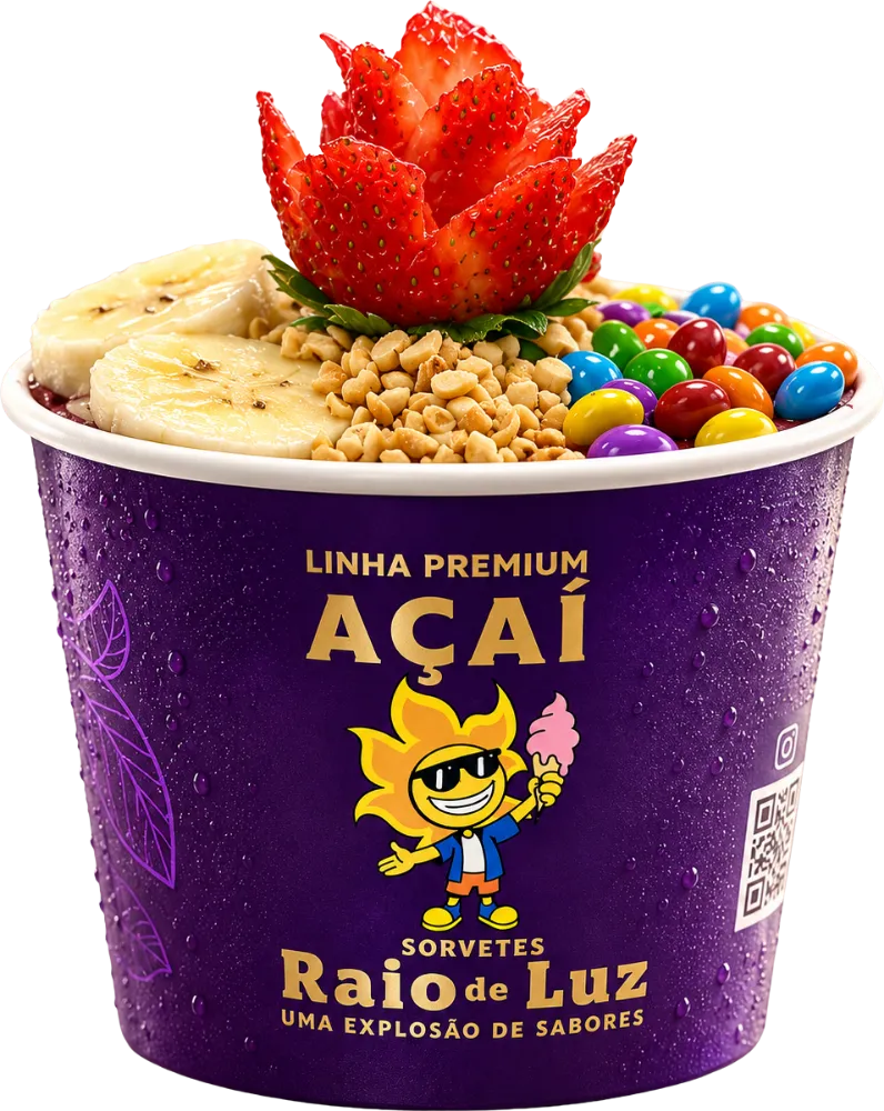 Copo de açaí premium cremoso da Linha Premium, com morango, banana, amendoim e confete
