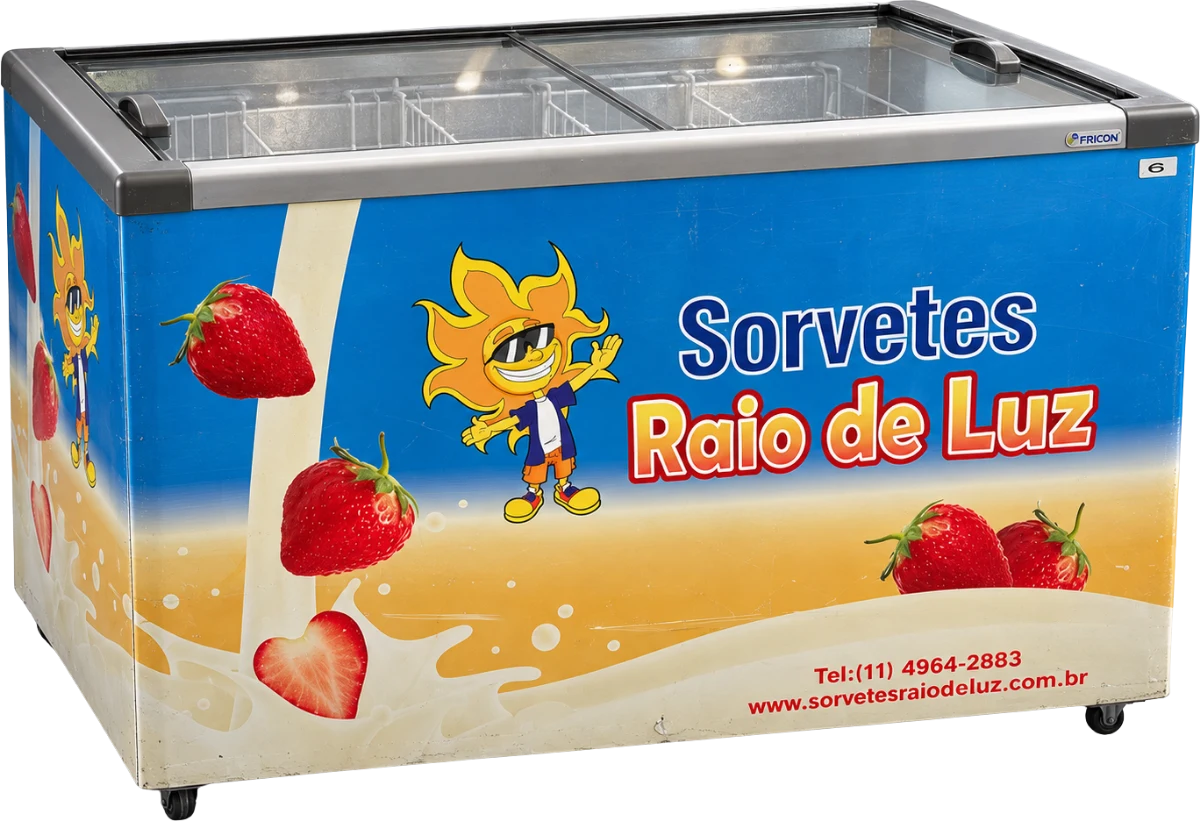 Freezer horizontal com tampa de vidro, adesivado com o mascote e a marca Sorvetes Raio de Luz