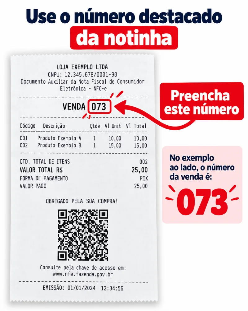 Notinha de exemplo: o número da venda fica ao lado da palavra VENDA, no topo. No exemplo, 073.