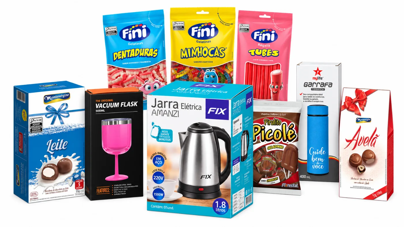 Kit de prêmios: jarra elétrica, taça e garrafa térmicas, gelatinas Fini, bombons e pirulitos